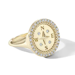 10K Gold Pave Compass Signet Ring