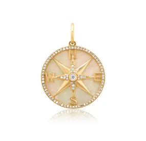 14K Gold Mother of Pearl and Pave Diamond Compass Charm, Medium