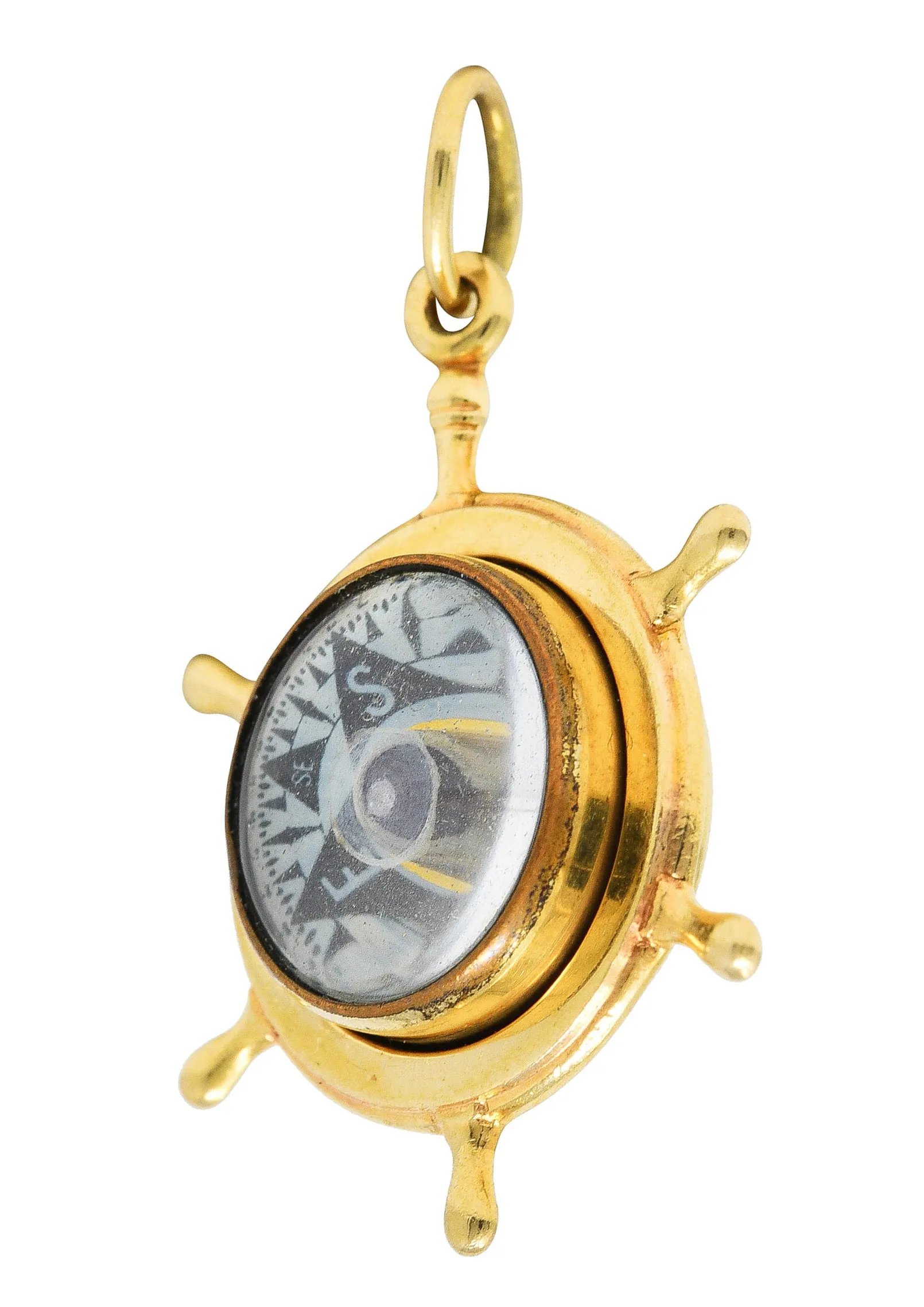 1960 His Lordship Prod's Co. 14 Karat Yellow Gold Rock Crystal Quartz  Nautical Wheel Compass Vintage Charm