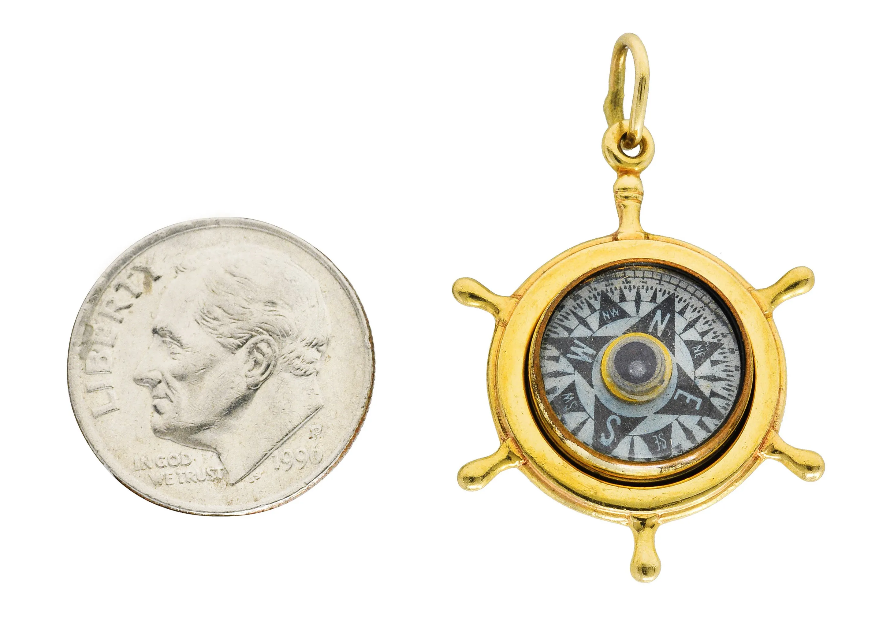 1960 His Lordship Prod's Co. 14 Karat Yellow Gold Rock Crystal Quartz  Nautical Wheel Compass Vintage Charm