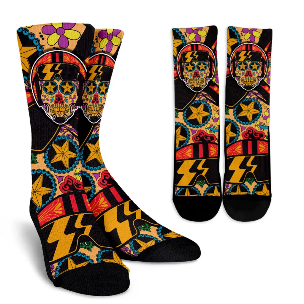 Biker Sugar Skull Crew Socks