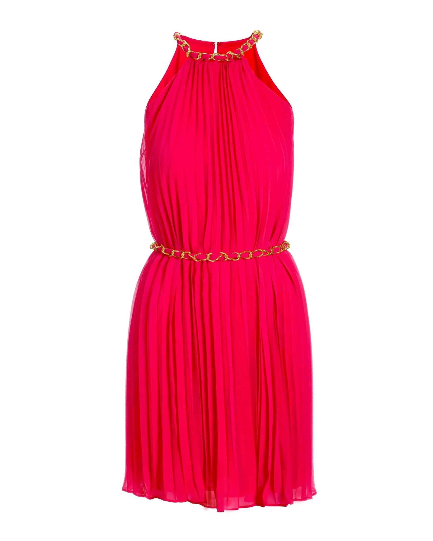 Chain Detail High neck Pleated Fit and Flare Dress Pink