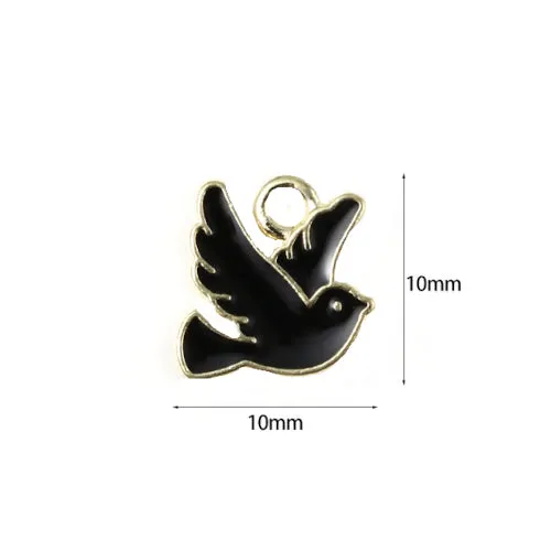 Charms, Birds, Dove, Single-Sided, Black, Enameled, Golden Alloy, 10mm