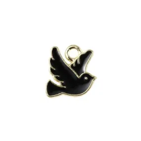 Charms, Birds, Dove, Single-Sided, Black, Enameled, Golden Alloy, 10mm