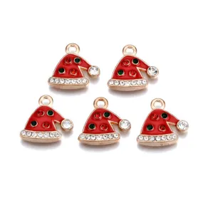 Charms, Christmas Hat, Single-Sided, Red, Enameled, With Rhinestones, Light Gold Plated, Alloy, 15.5mm