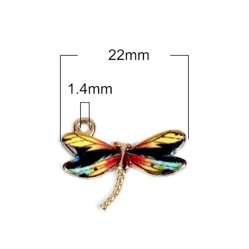 Charms, Dragonfly, Single-Sided, Golden, Multicolored, Enameled, Alloy, 22mm