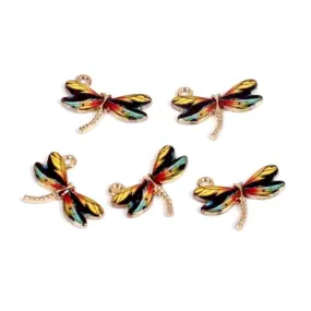 Charms, Dragonfly, Single-Sided, Golden, Multicolored, Enameled, Alloy, 22mm