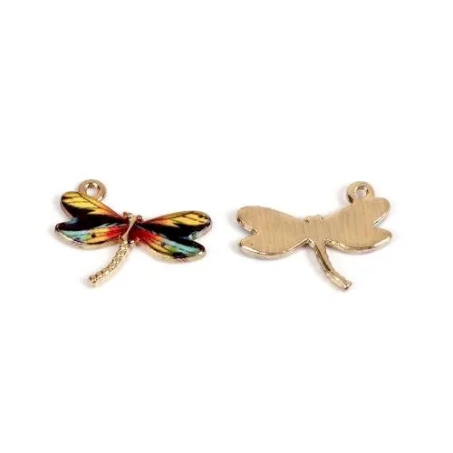 Charms, Dragonfly, Single-Sided, Golden, Multicolored, Enameled, Alloy, 22mm