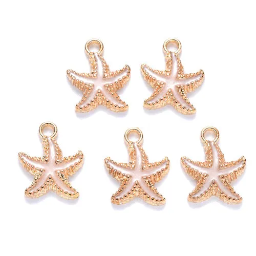 Charms, Starfish, Single-Sided, White, Enameled, Light Gold Plated, Alloy, 18mm