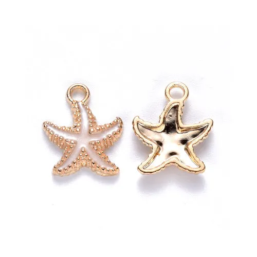 Charms, Starfish, Single-Sided, White, Enameled, Light Gold Plated, Alloy, 18mm