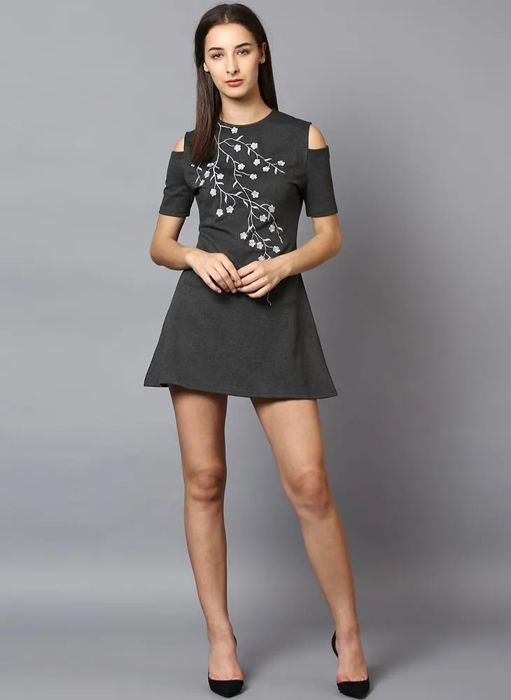 Cold Shoulder Front Embroidered Dress