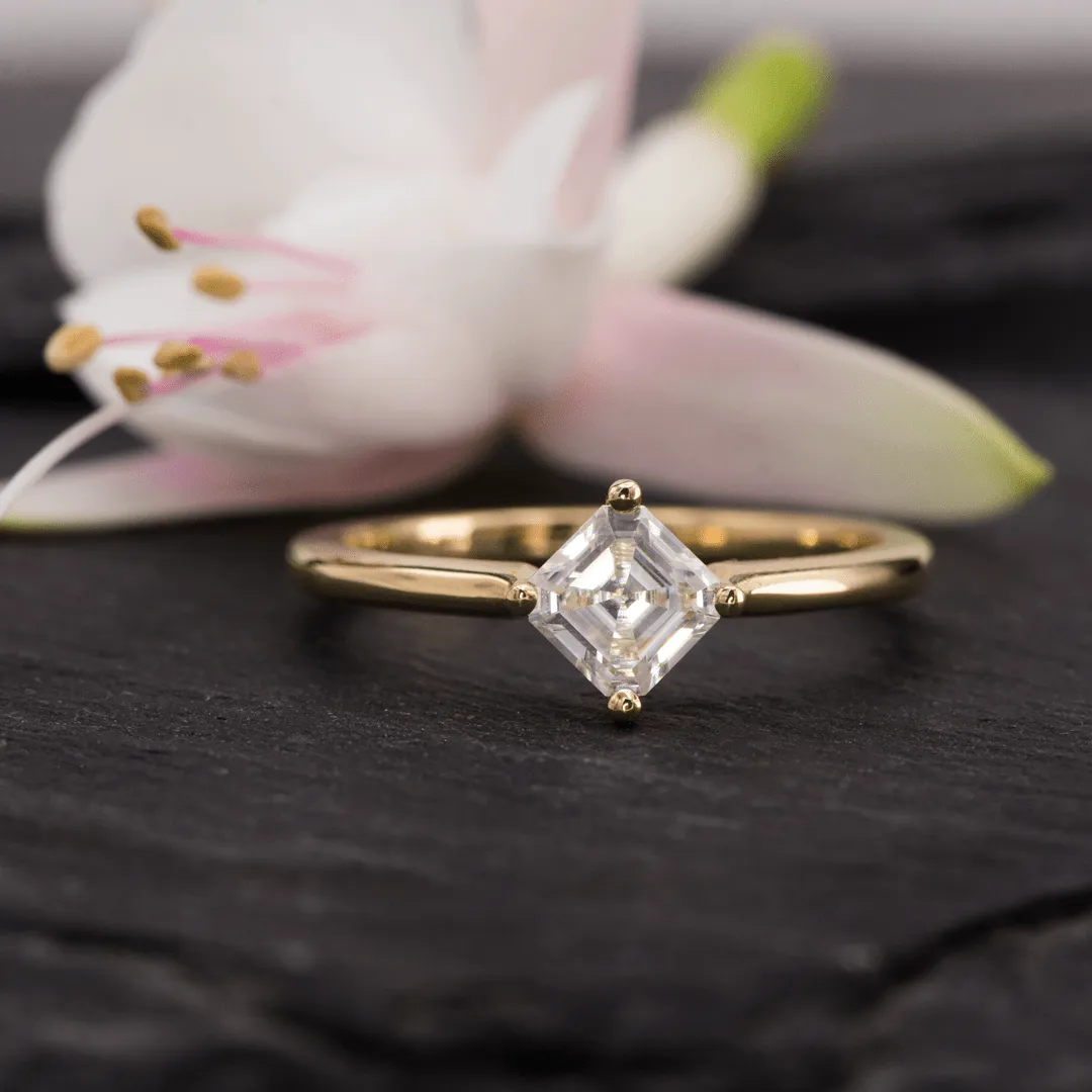 Cora Asscher Cut Moissanite Compass Prong Set 18k Gold Solitaire Engagement Ring, Ready to Ship