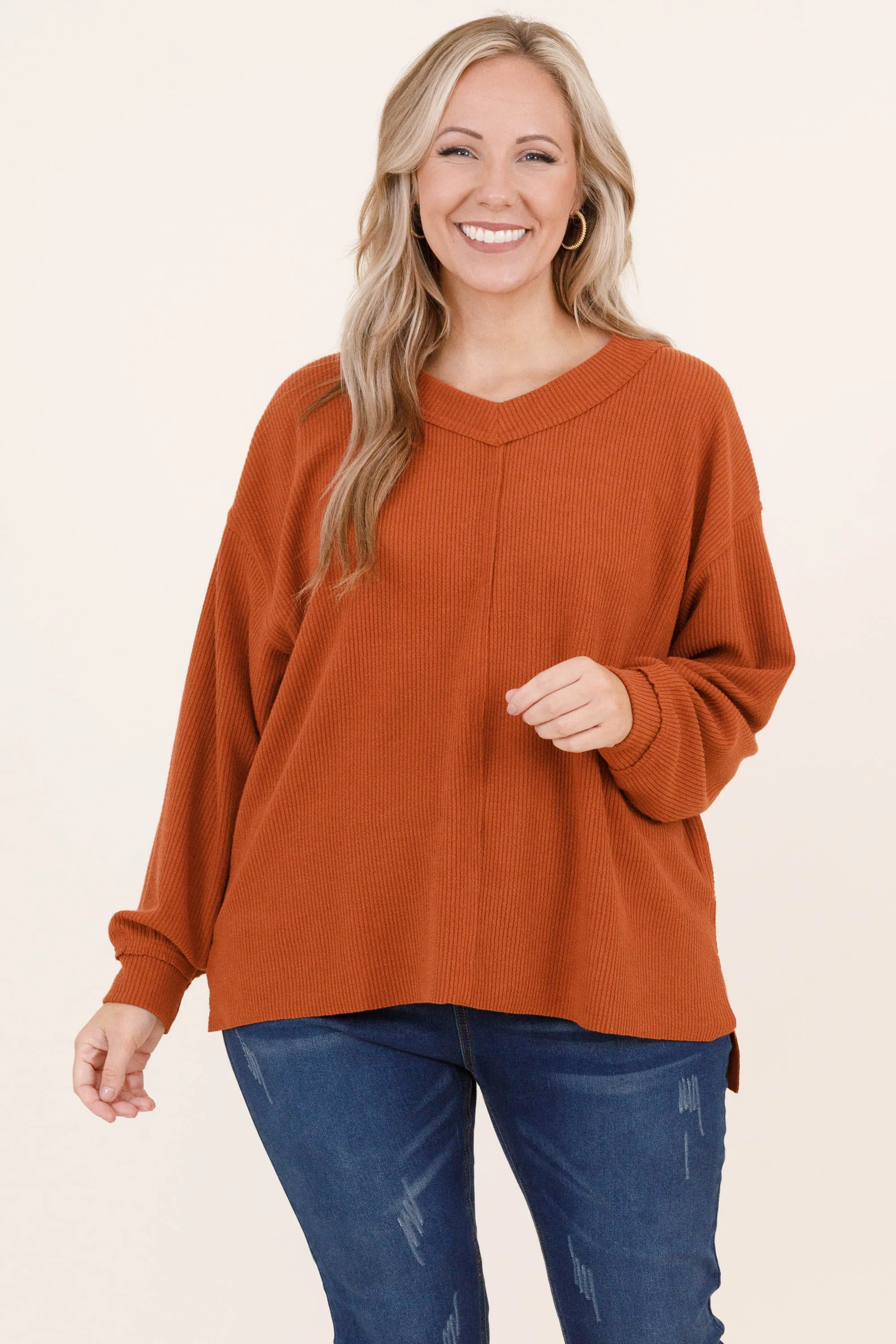 Cozy Textured Sweatshirt, Rust