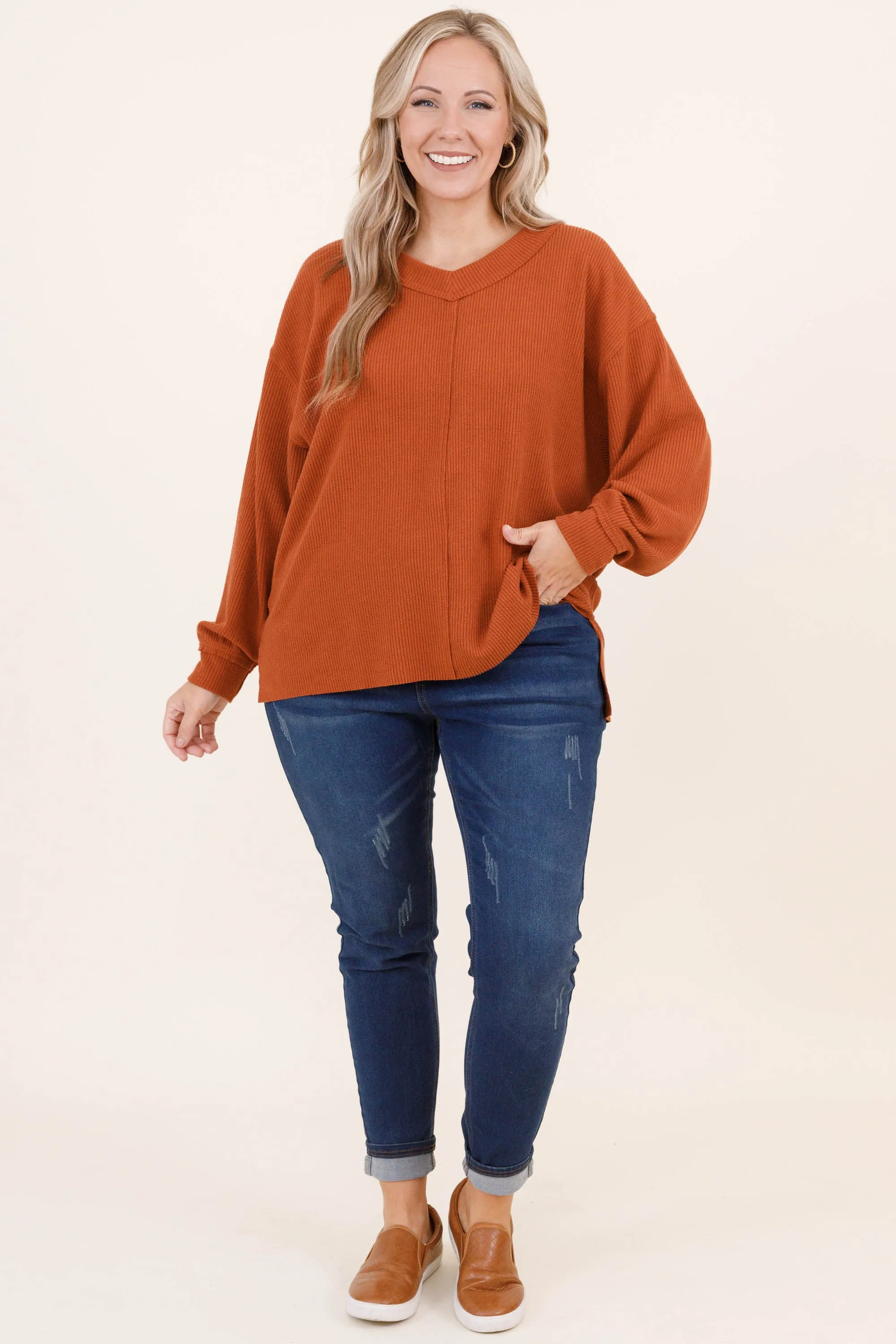 Cozy Textured Sweatshirt, Rust