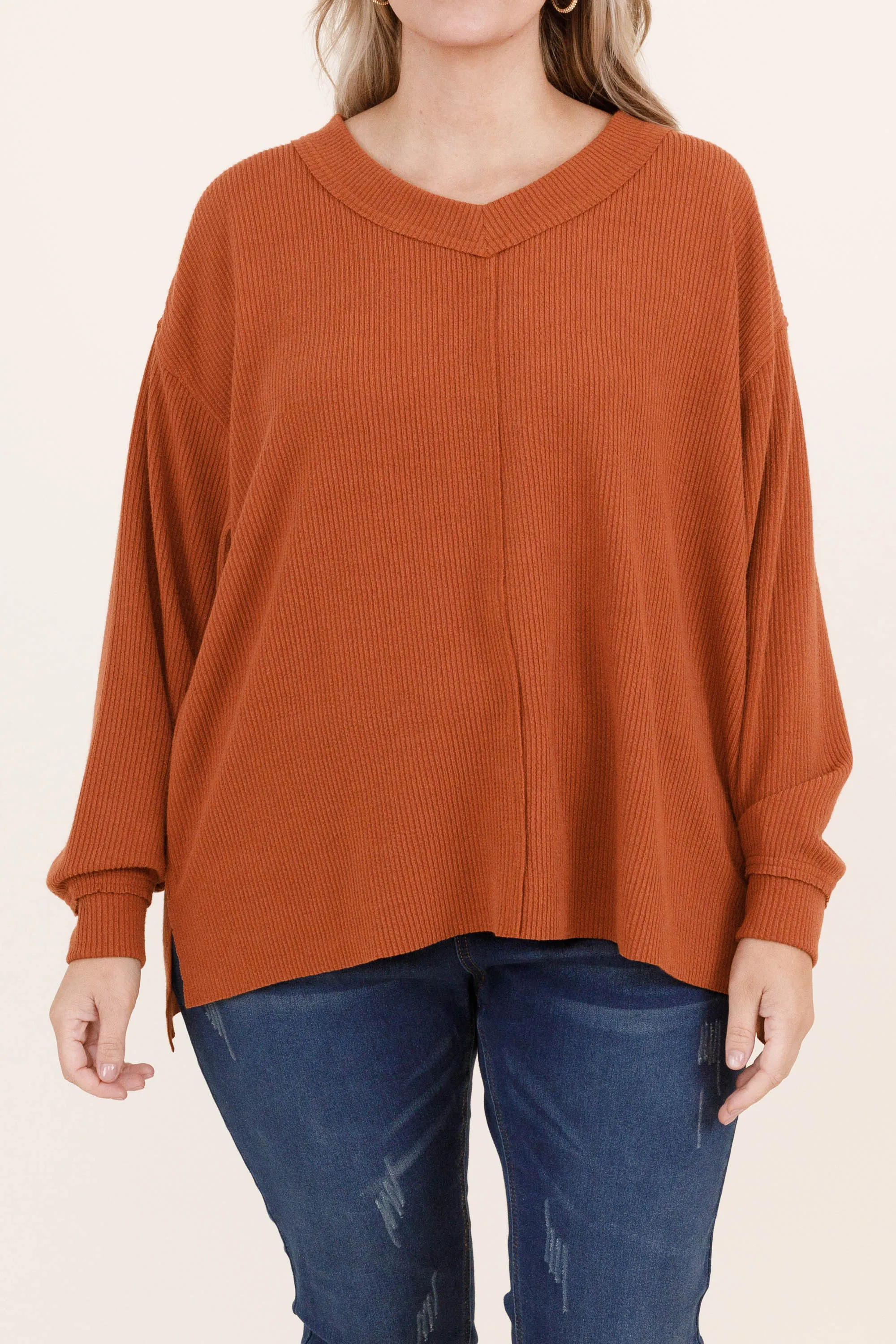 Cozy Textured Sweatshirt, Rust