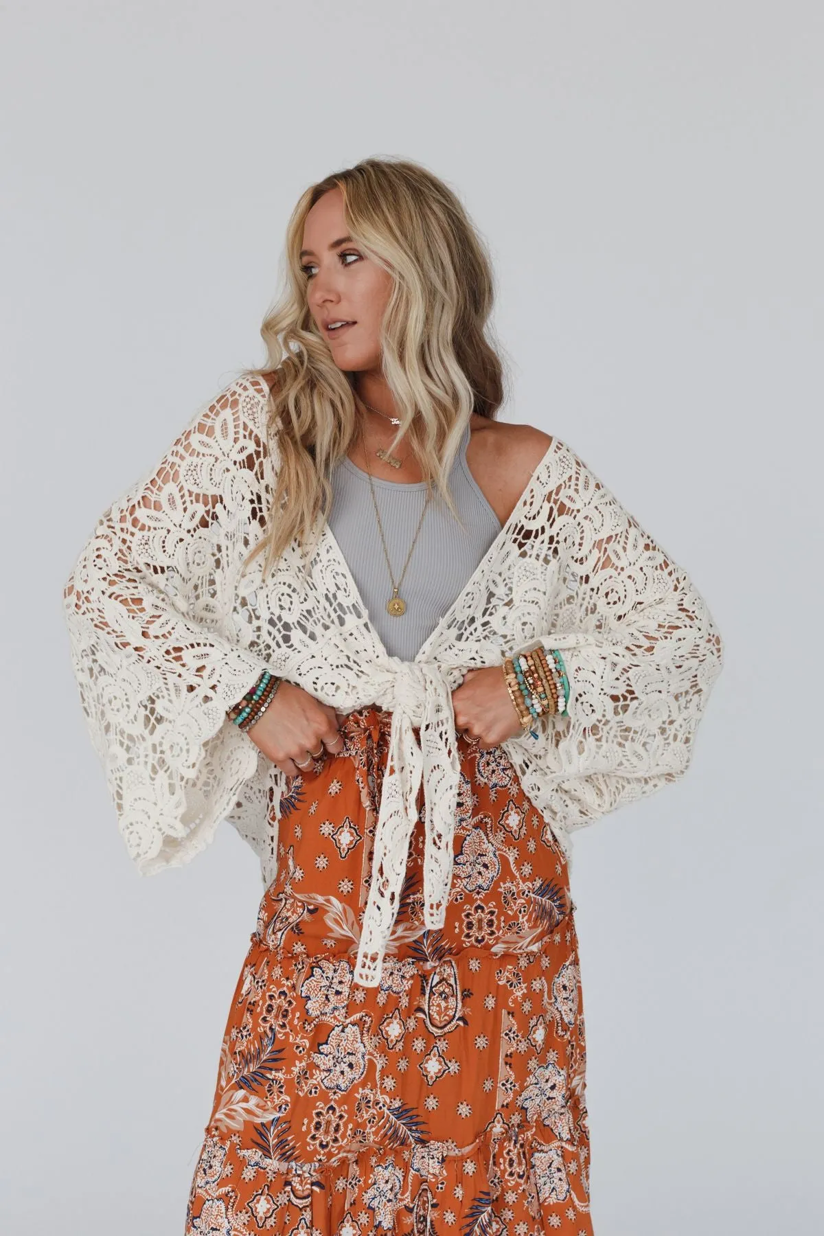 Crochet Petal Kimono Wrap - Natural