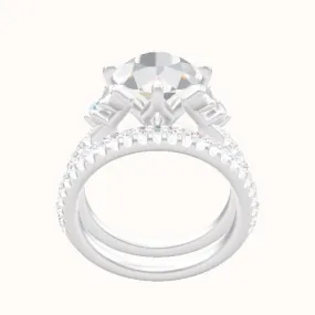 Diamond Band with Marquise & Round Diamond Sidestones Engagement Ring With Petal Compass Prong Head and Matching Band