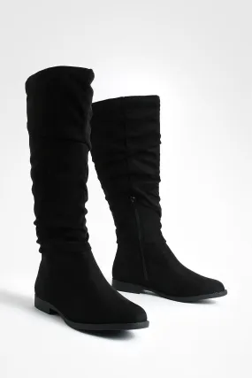 Faux Suede Slouchy Knee High Flat Boots