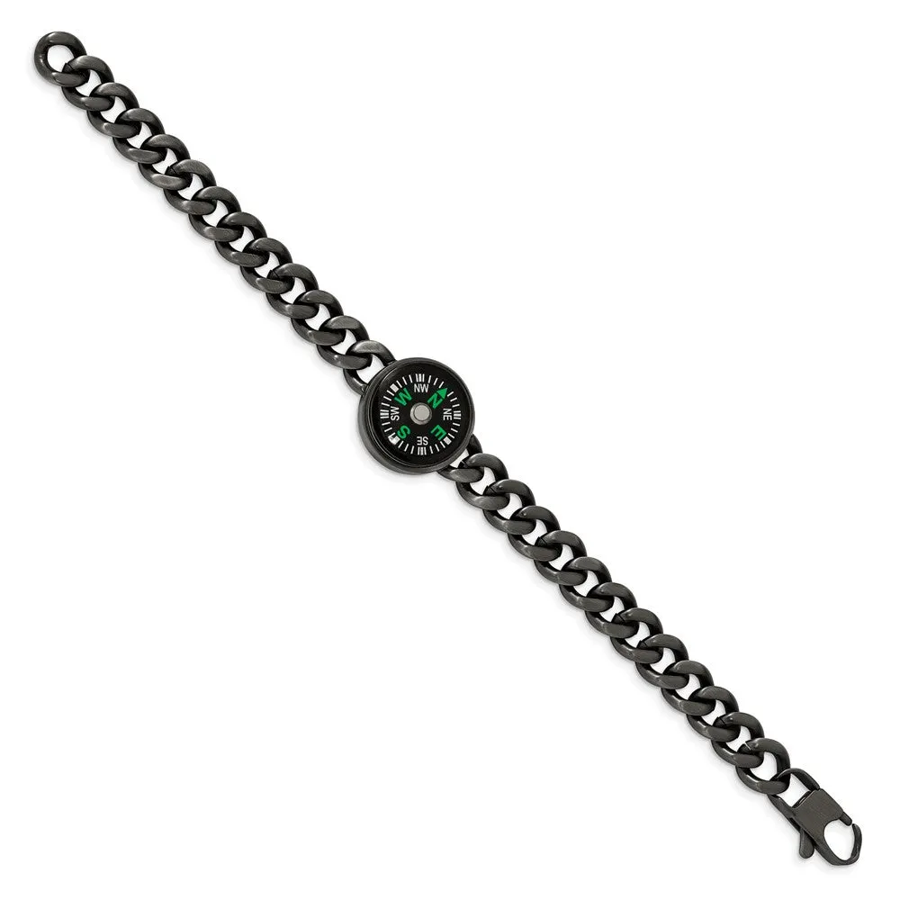 Gun Metal Plated Stainless Steel Functional Compass Bracelet, 8.25 In