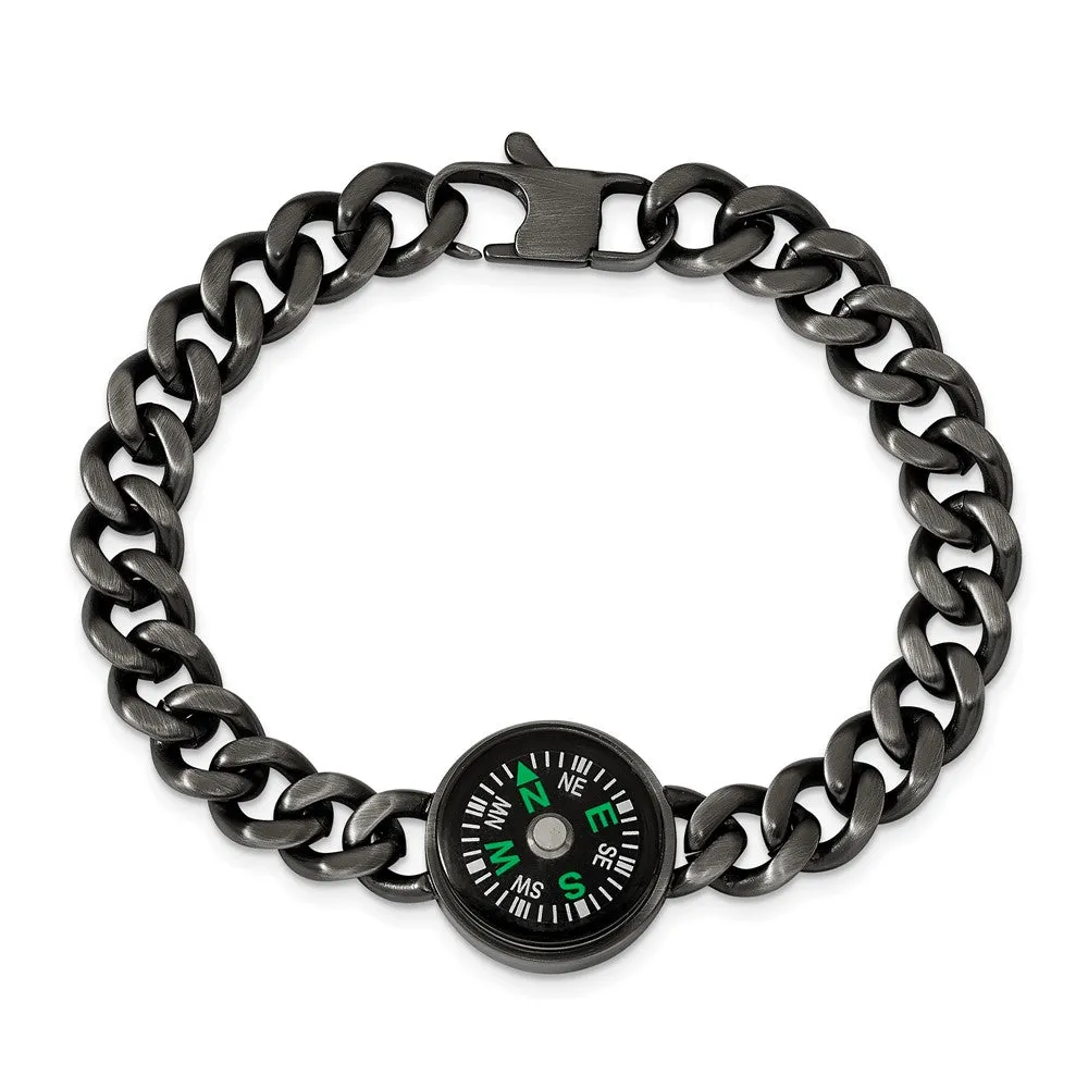 Gun Metal Plated Stainless Steel Functional Compass Bracelet, 8.25 In