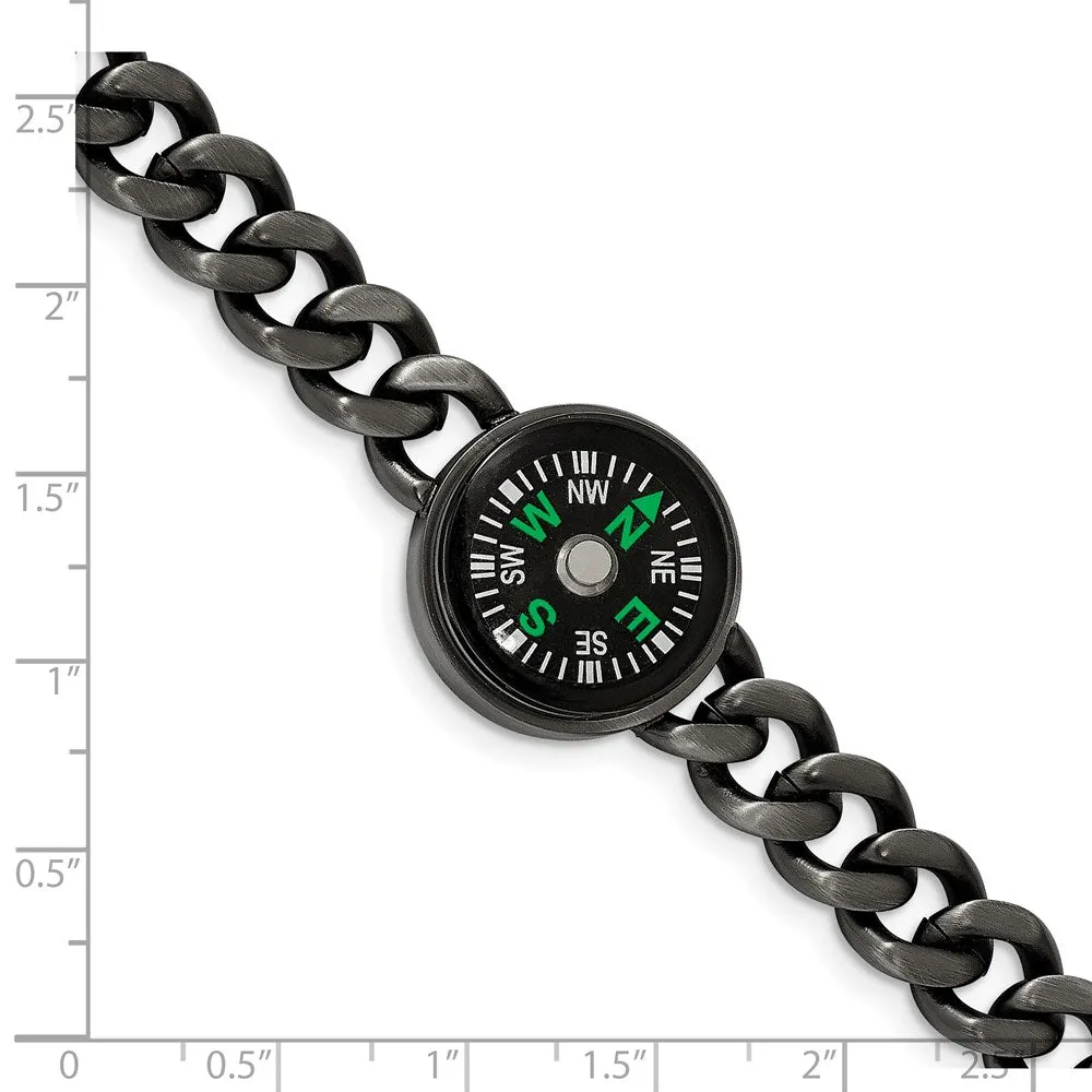 Gun Metal Plated Stainless Steel Functional Compass Bracelet, 8.25 In