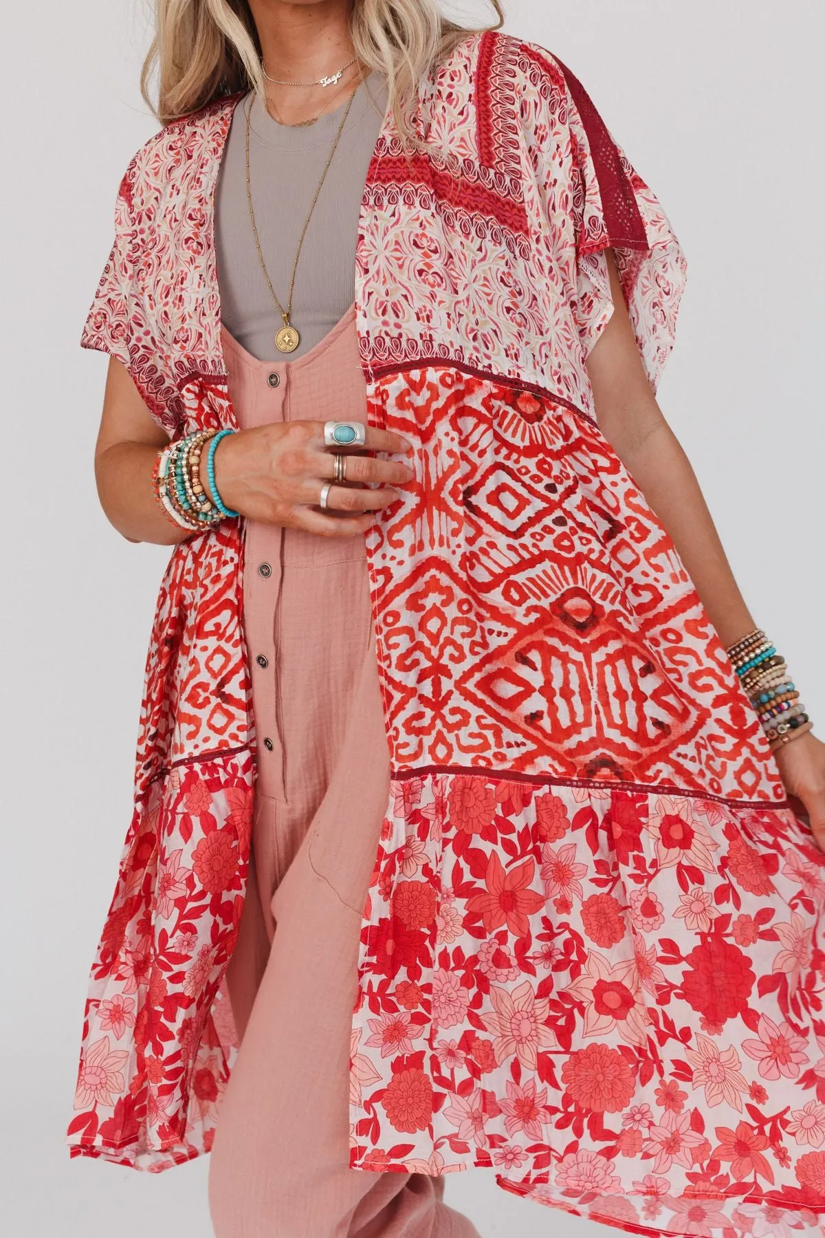 Happy Feelings Patterned Kimono - Red