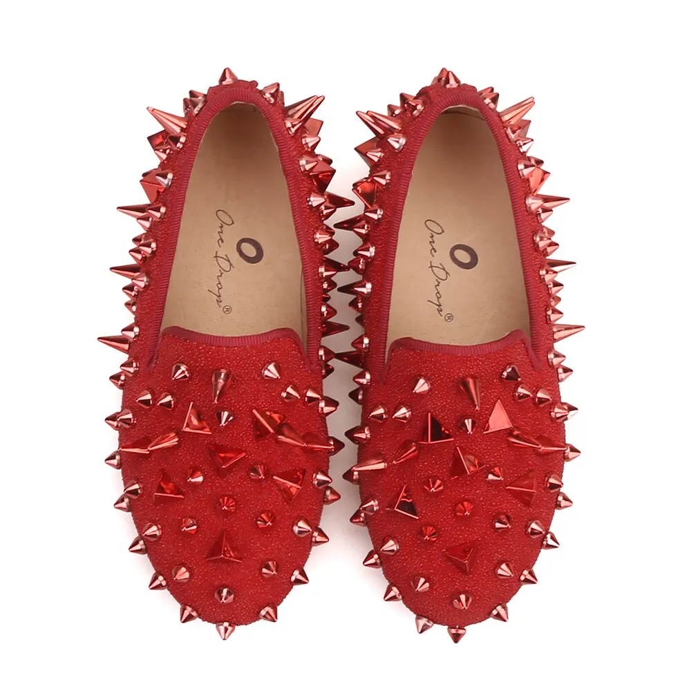 Kid OneDrop Handmade Children Wedding Party And Prom Spikes Red Loafers