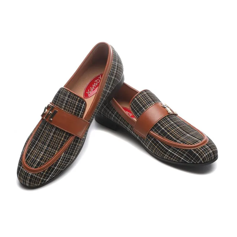 Luxury Gingham Monk Strap Slip-On Pointed Casual Loafers for Men