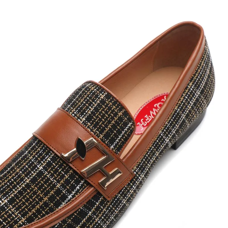 Luxury Gingham Monk Strap Slip-On Pointed Casual Loafers for Men