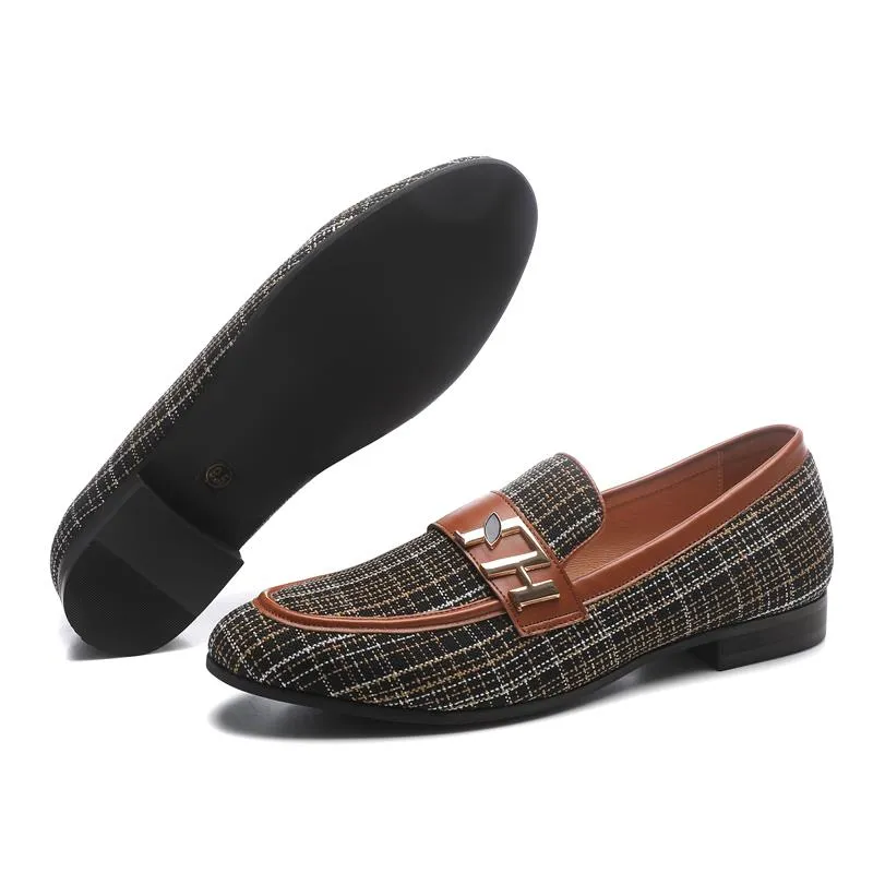 Luxury Gingham Monk Strap Slip-On Pointed Casual Loafers for Men