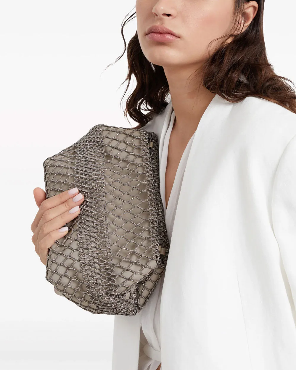 Monili-Chain Mesh Shoulder Bag in Dark Beige