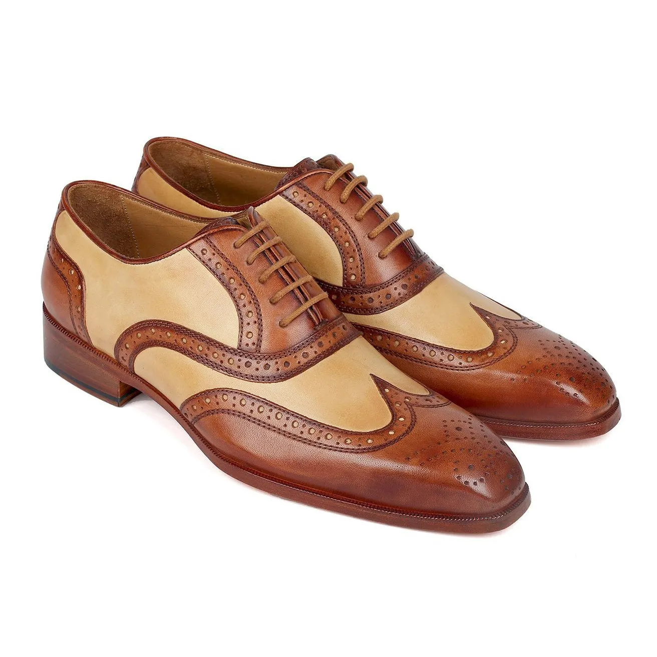 Paul Parkman 224BJ57 Men's Shoes Brown & Beige Calf-Skin Leather Wingtip Oxfords (PM6273)