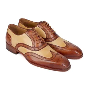 Paul Parkman 224BJ57 Men's Shoes Brown & Beige Calf-Skin Leather Wingtip Oxfords (PM6273)