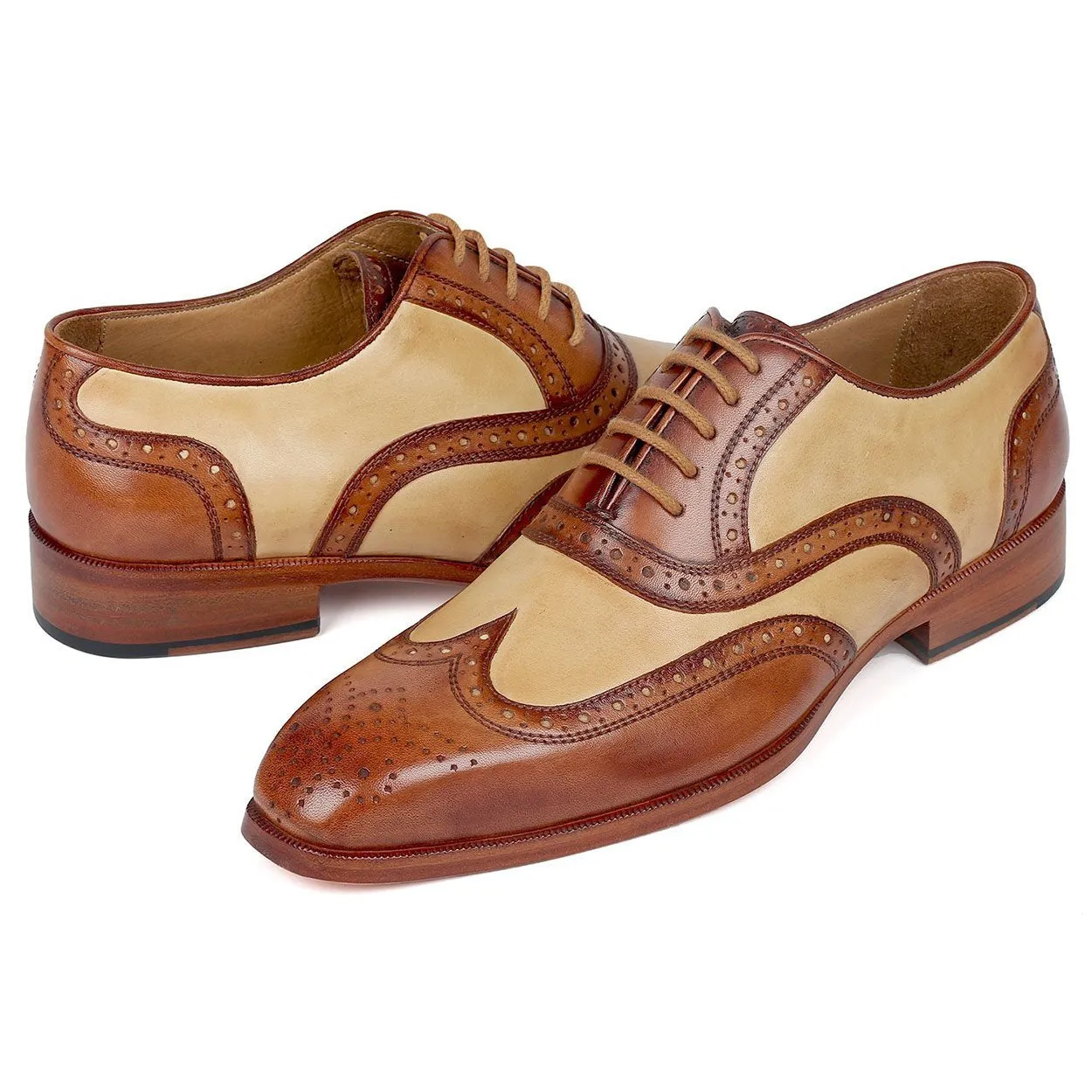 Paul Parkman 224BJ57 Men's Shoes Brown & Beige Calf-Skin Leather Wingtip Oxfords (PM6273)