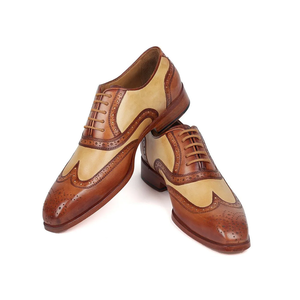 Paul Parkman 224BJ57 Men's Shoes Brown & Beige Calf-Skin Leather Wingtip Oxfords (PM6273)