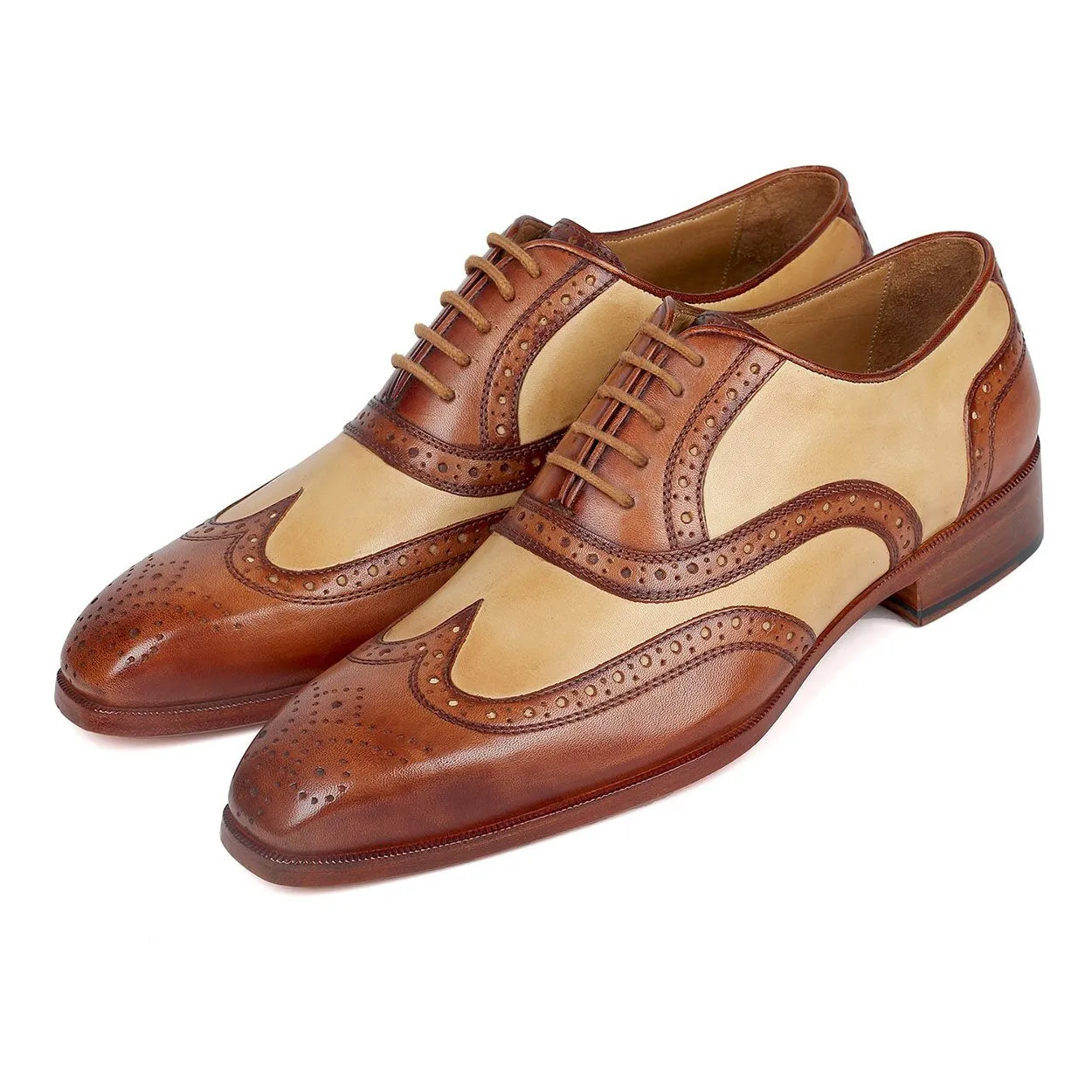 Paul Parkman 224BJ57 Men's Shoes Brown & Beige Calf-Skin Leather Wingtip Oxfords (PM6273)