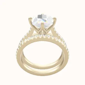 Pave Cathedral Engagement Ring With Petal Compass Prong Head and Matching Band