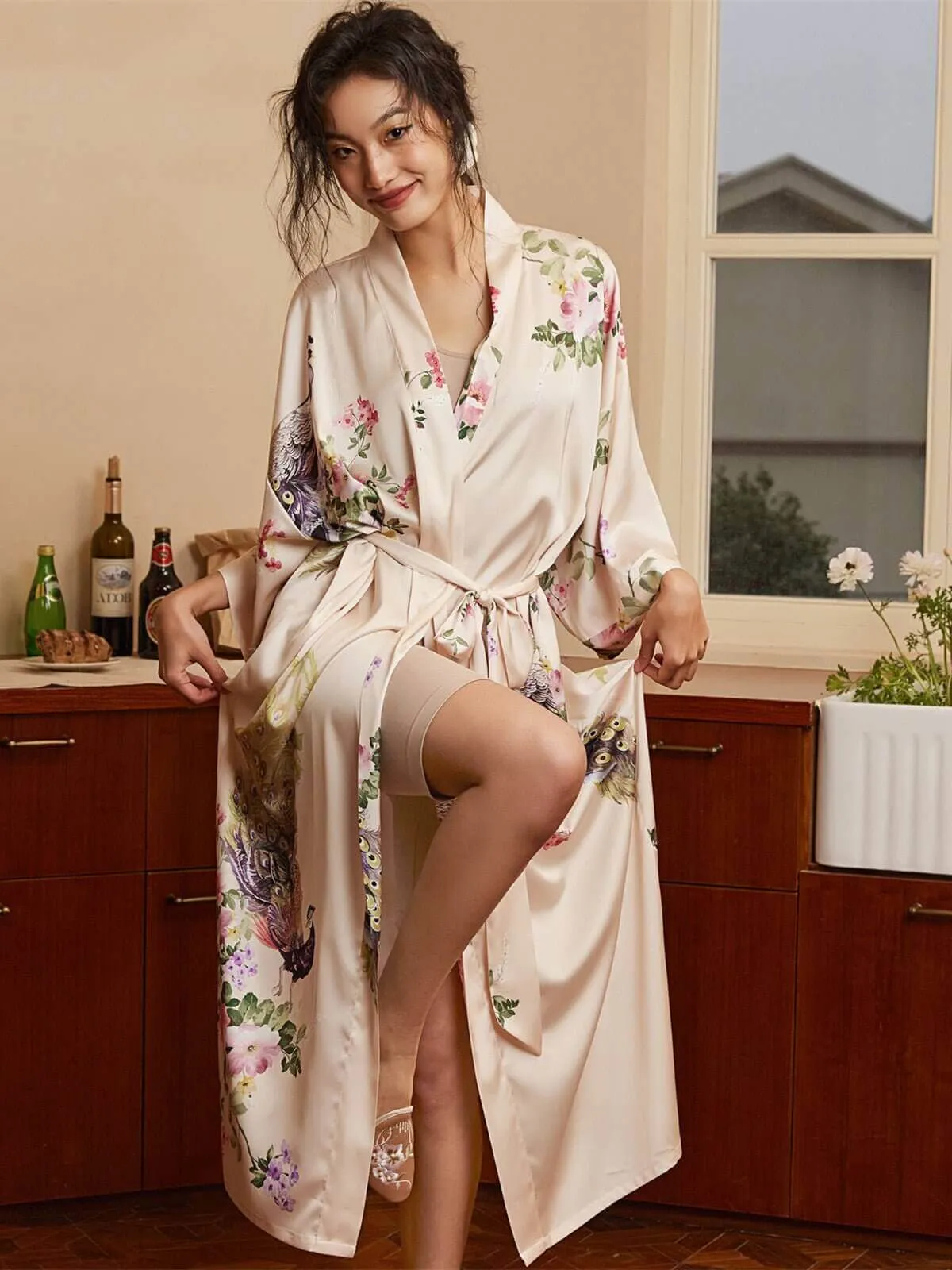 Peacock Beige Kimono Robe