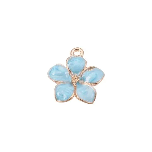 Pendants, Alloy, Flower, Single-Sided, Pearlized, Light Sky Blue, Enamel, Light Gold Plated, 16.5mm