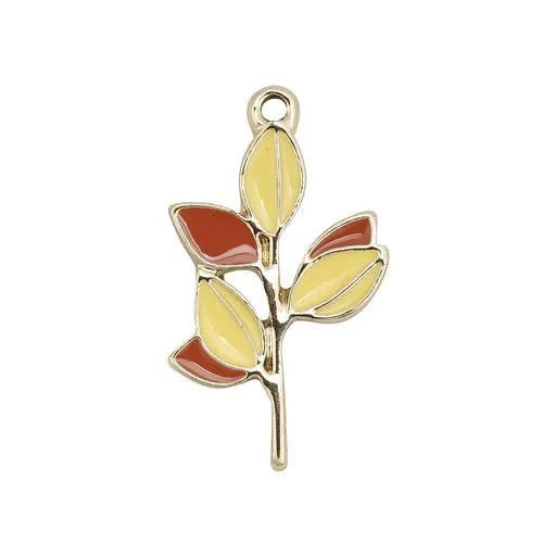 Pendants, Branch, 6-Leaf, Single-Sided, Yellow, Enameled, Light Gold Plated, Alloy, 3.1cm