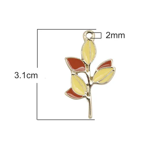 Pendants, Branch, 6-Leaf, Single-Sided, Yellow, Enameled, Light Gold Plated, Alloy, 3.1cm