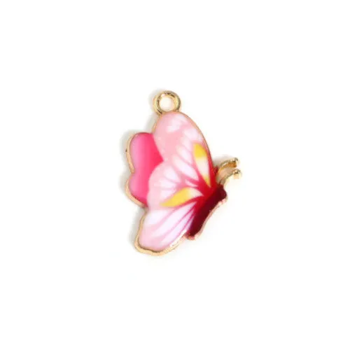 Pendants, Butterfly, Single-Sided, Light Pink, Enameled, Light Gold Alloy, 24mm