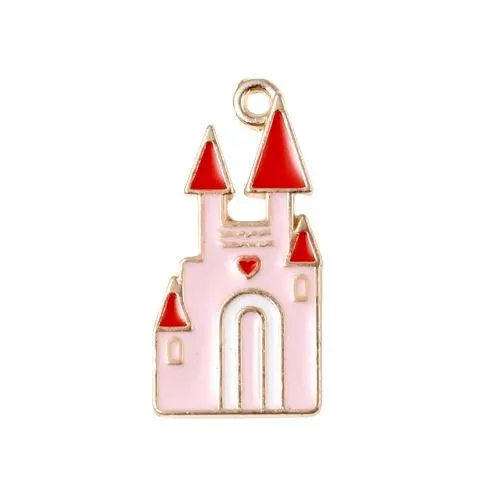 Pendants, Castle, Fairy Tale, Single-Sided, Pink, Enameled, Light Gold Alloy, 24mm