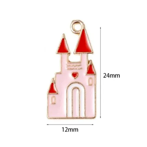 Pendants, Castle, Fairy Tale, Single-Sided, Pink, Enameled, Light Gold Alloy, 24mm