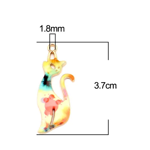 Pendants, Cat, Single-Sided, Enameled, Watercolor Pattern, Gold Plated, Alloy, 37mm