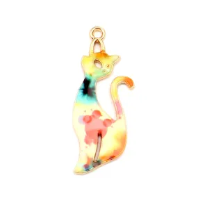 Pendants, Cat, Single-Sided, Enameled, Watercolor Pattern, Gold Plated, Alloy, 37mm