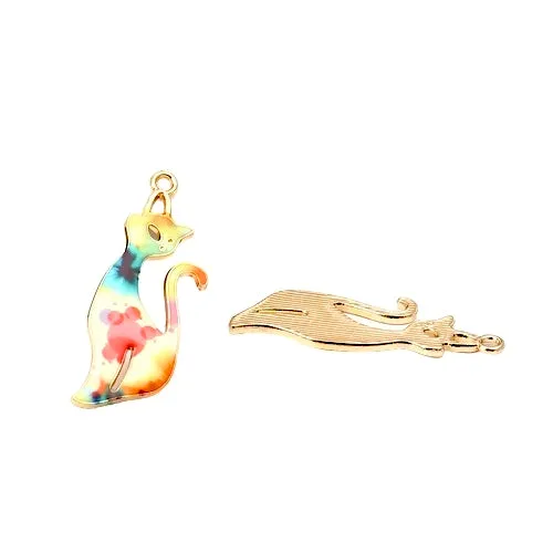 Pendants, Cat, Single-Sided, Enameled, Watercolor Pattern, Gold Plated, Alloy, 37mm