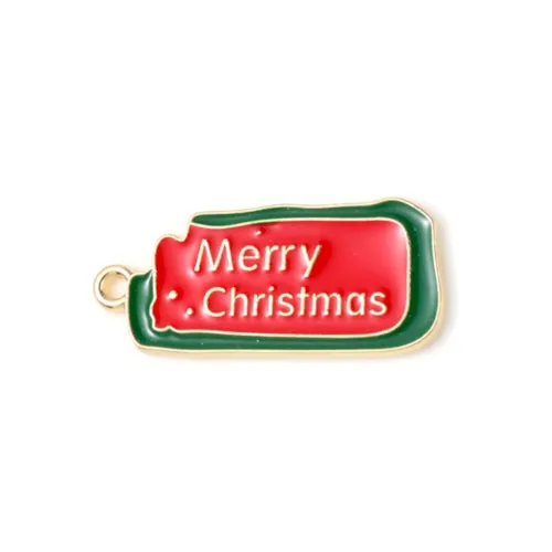 Pendants, Christmas Cookie, Single-Sided, Red, Green, Enameled, With Merry Christmas, Light Gold Alloy, 28mm