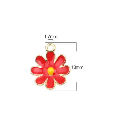 Pendants, Daisy, Flower, Single-Sided, Red, Enameled, Gold Plated, Alloy, 18mm