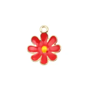 Pendants, Daisy, Flower, Single-Sided, Red, Enameled, Gold Plated, Alloy, 18mm